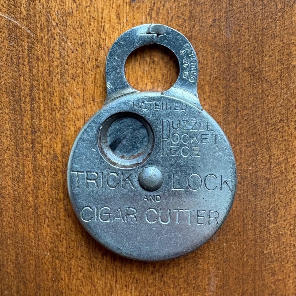Vintage 1915 Patented Trick Lock and Cigar Cutter Puzzle Pocket Piece Metal